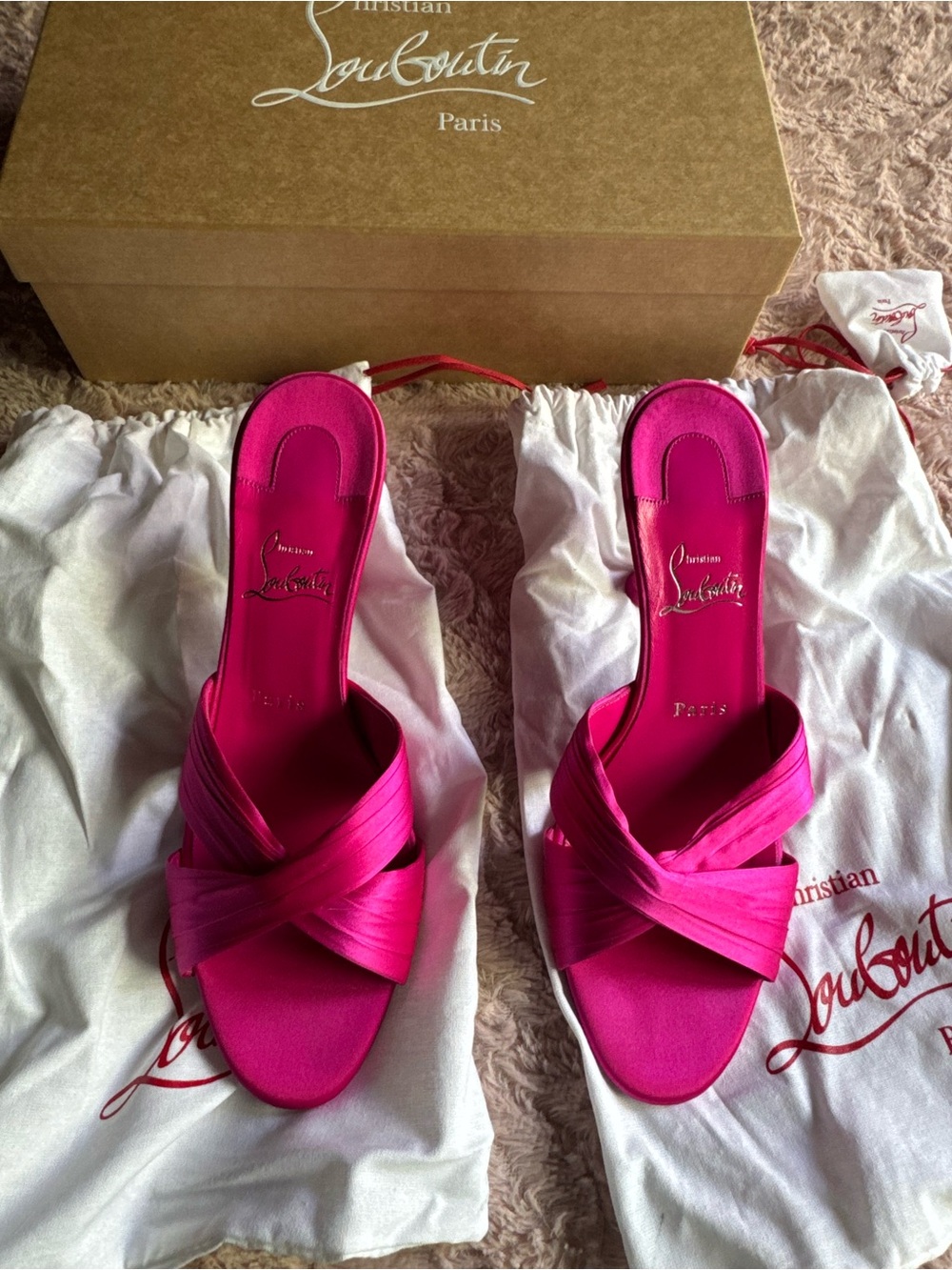 Christian Louboutin Hot Pink Satin Cross-Strap Slide Mules